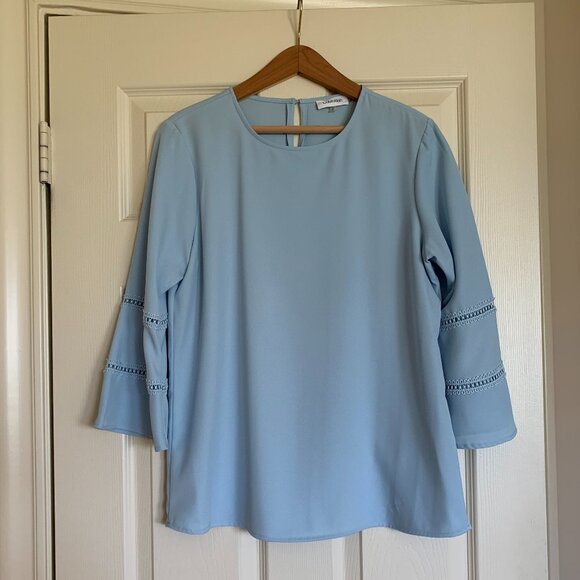 🎉HP🎉Calvin Klein Light Sky Blue Shirt Womens SZ M Long Flare Sleeve Round Neck - Picture 11 of 15